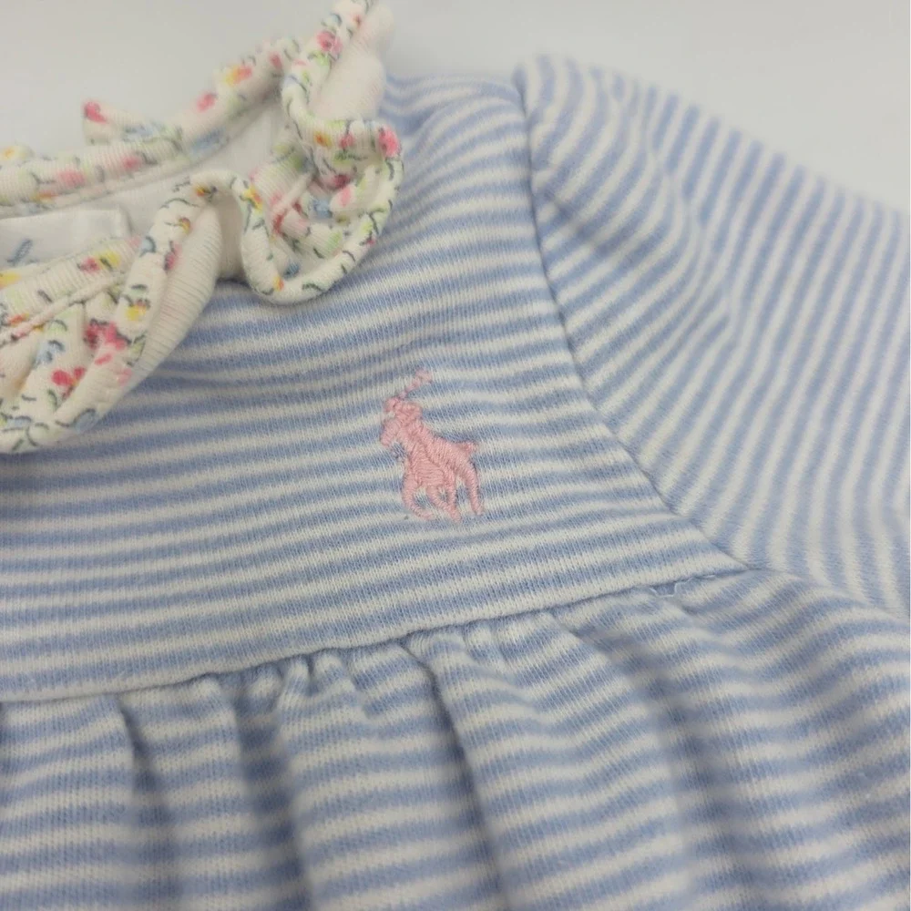 Ralph Lauren Baby Girls Floral Romper Blue/White Striped Long Sleeve 3 Month